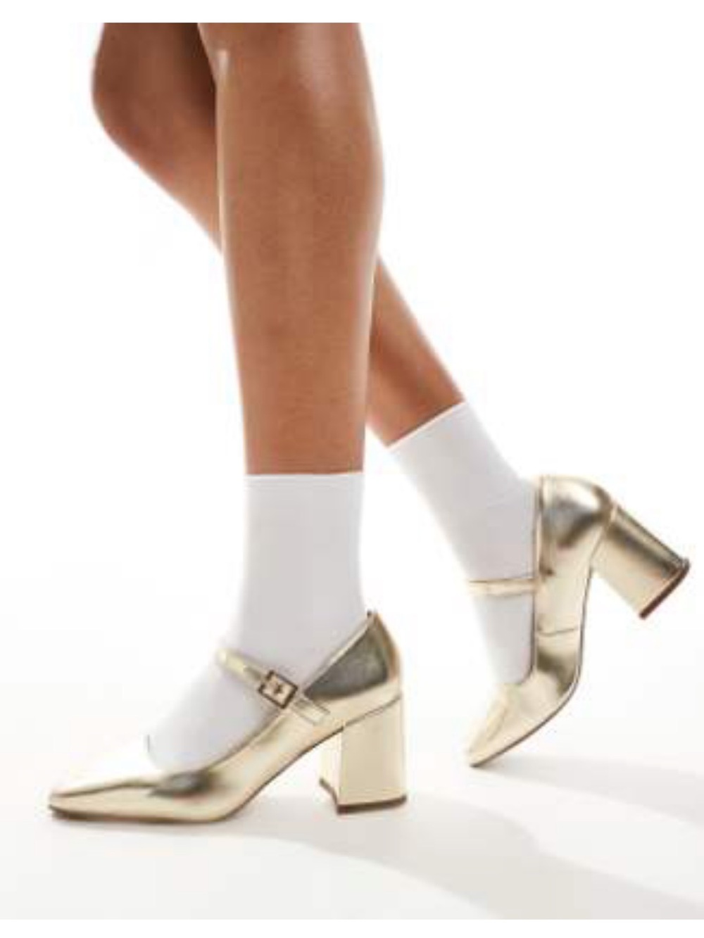 Metallic Gold Mary Jane Block Heel Pumps - Women's Fashion Shoe